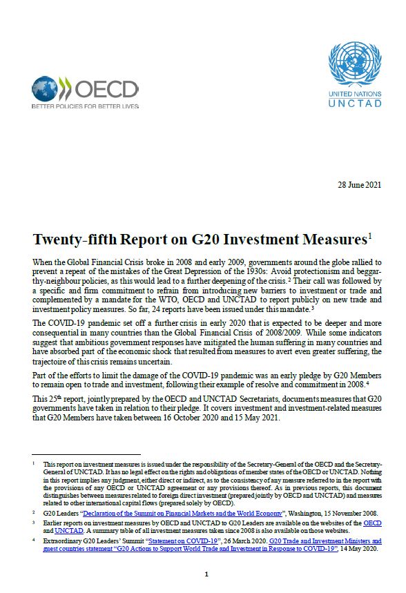 UNCTAD-OECD Report On G20 Investment Measures (25th Report ...